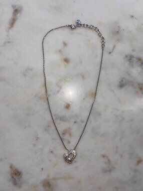 Vintage Swarovski Signed Swan Logo Pavé Crystal Open Heart & Floating Pearl Neck